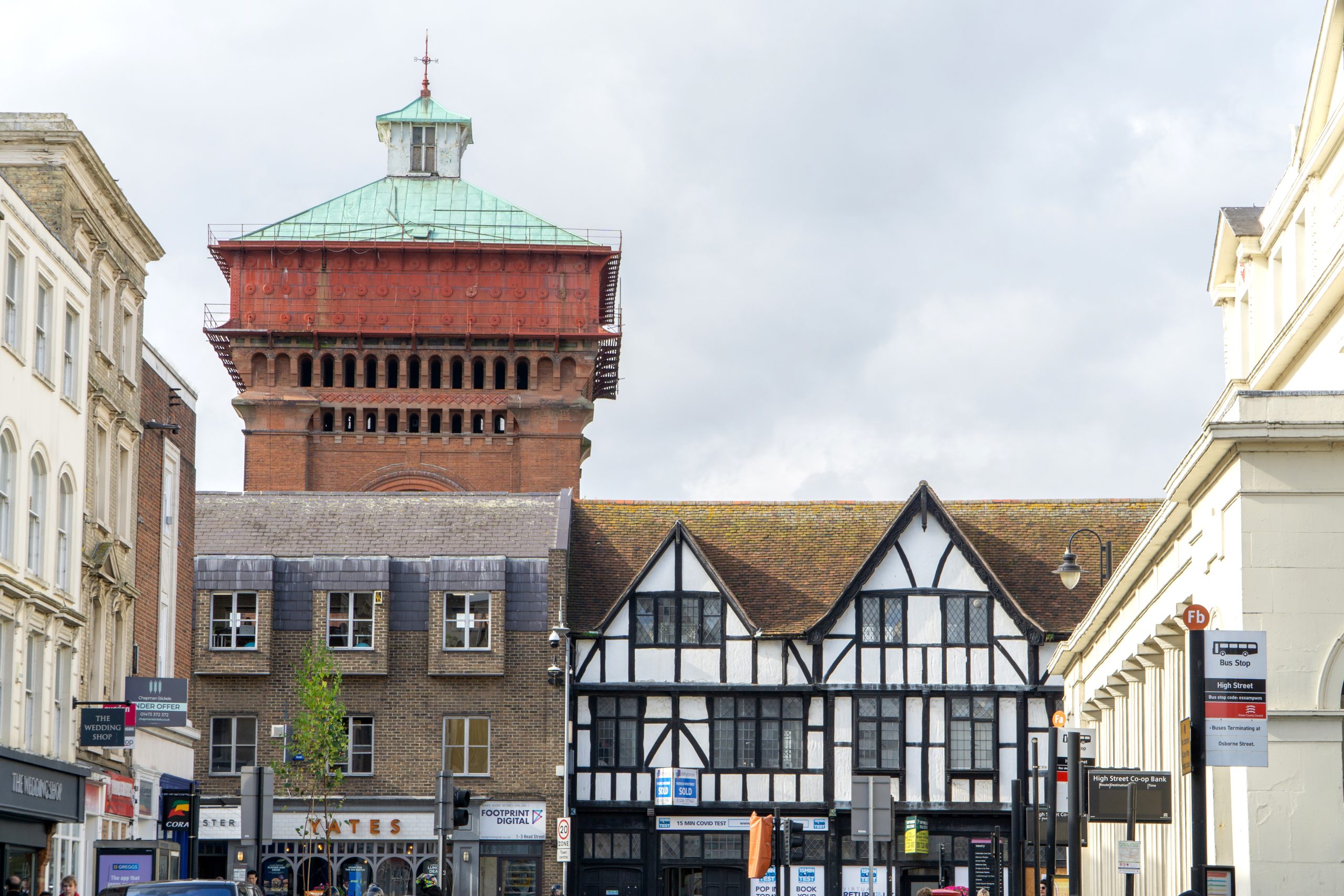 Colchester high street with Jumbo tower in background