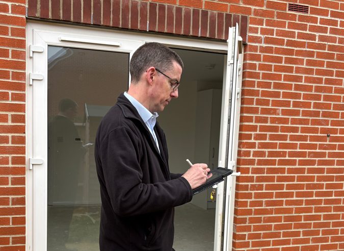 Surveyor Paul filling in report on tablet